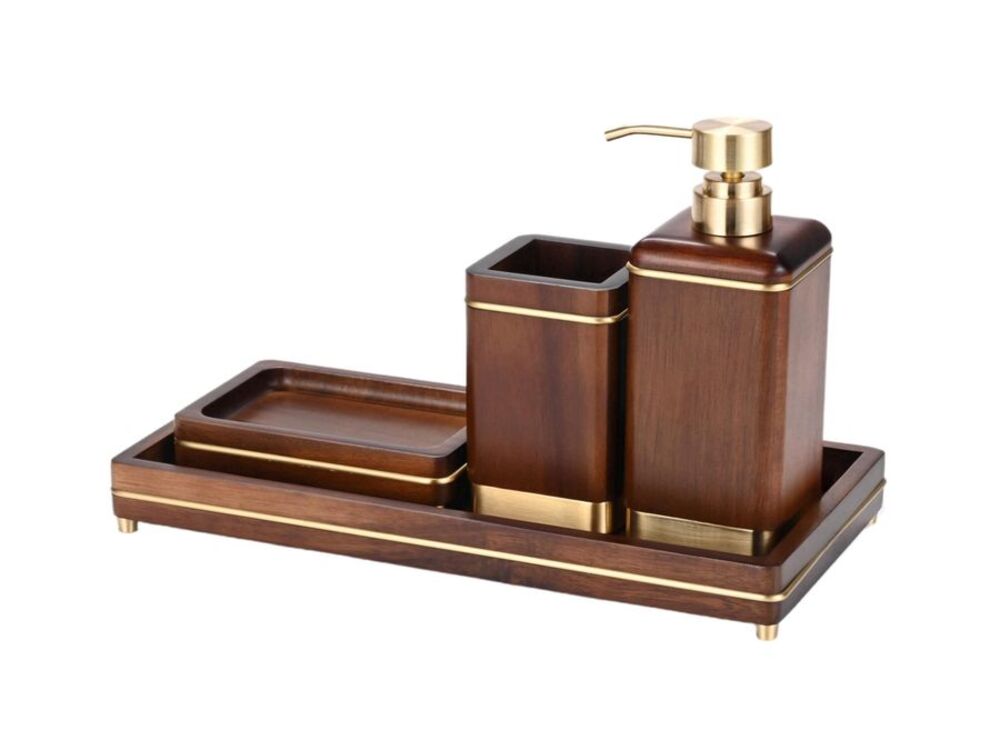 Acacia Wood Bathroom Accessory Set Tray Soap Dispenser 4 Pc